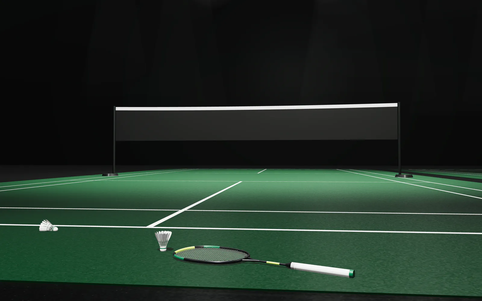 Badminton Court 1 (illustration): a low view along an indoor badminton court towards the net, with a racket and shuttlecocks on the green court, under arena lights