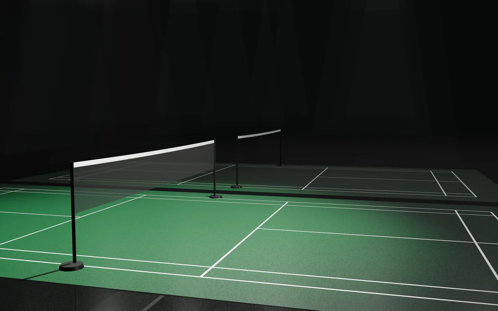 Badminton Court 2 (illustration): a side view of indoor badminton courts with nets and white court lines, under arena lights
