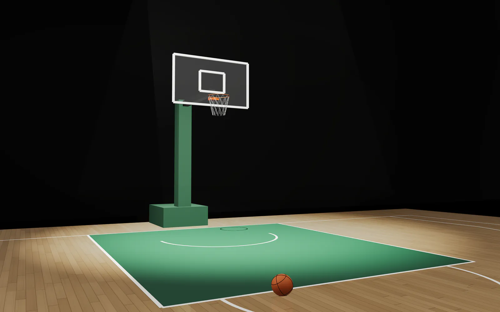 Basketball Court 1 (illustration): an indoor basketball court with a hardwood floor, painted key, hoop and a basketball, under arena lights