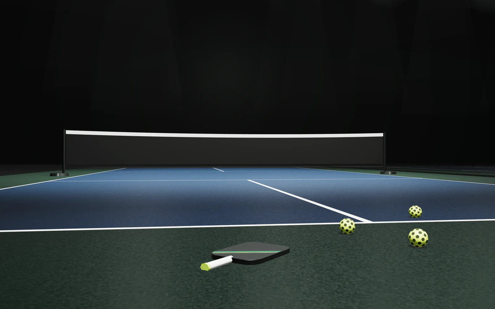 Pickleball Court 1 (illustration): a low view across a blue indoor pickleball court towards the net, with a paddle and pickleballs, under arena lights