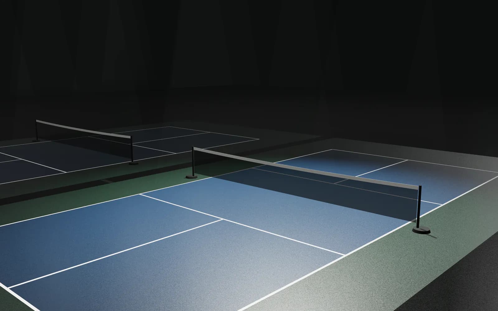Pickleball Court 2 (illustration): an elevated view of indoor pickleball courts with nets and kitchen lines, under arena lights